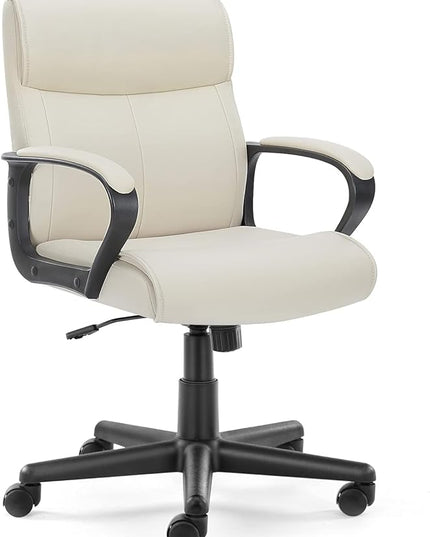 OLIXIS Home Office Mid-Back Computer Desk Chair with Armrests Height Adjustable, 360-Degree Swivel, Lumbar Support, PU Leather, Ivory - LeafyLoom