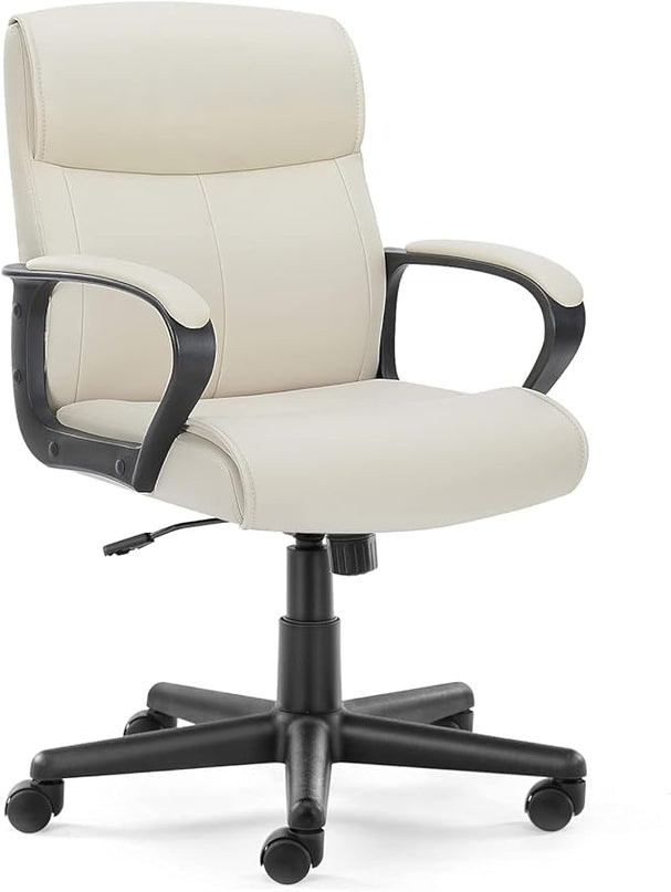 OLIXIS Home Office Mid-Back Computer Desk Chair with Armrests Height Adjustable, 360-Degree Swivel, Lumbar Support, PU Leather, Ivory - LeafyLoom