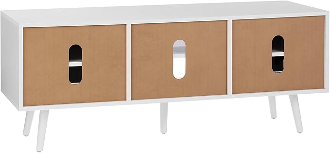 VEVOR Rattan TV Stand, Boho TV Cabinet for 55 inch TV, Mid Century Modern TV Stand, Rattan TV Console with Adjustable Shelfs for Living Room, Media Room, White - LeafyLoom