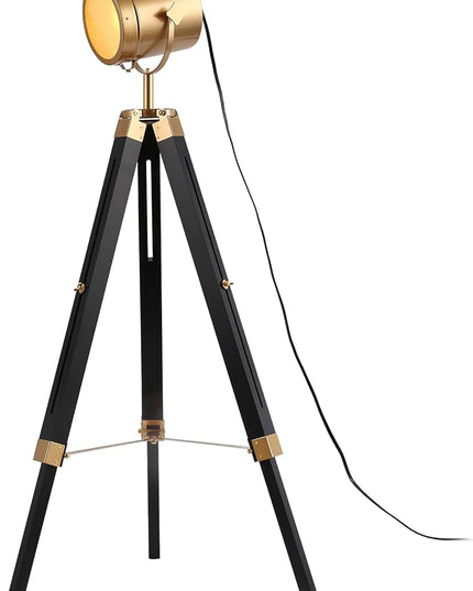 Mordern industrial tripod floor lamp for living room, bedroom office, vintage gold brass standing reading light floor lamp with camera tripod wood, rotatable nautical spotlight floor lamp black - LeafyLoom