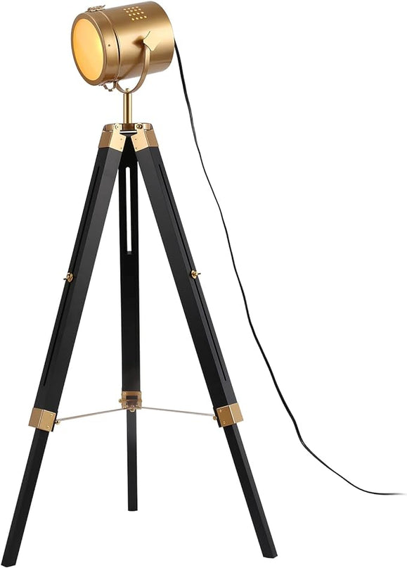 Mordern industrial tripod floor lamp for living room, bedroom office, vintage gold brass standing reading light floor lamp with camera tripod wood, rotatable nautical spotlight floor lamp black - LeafyLoom