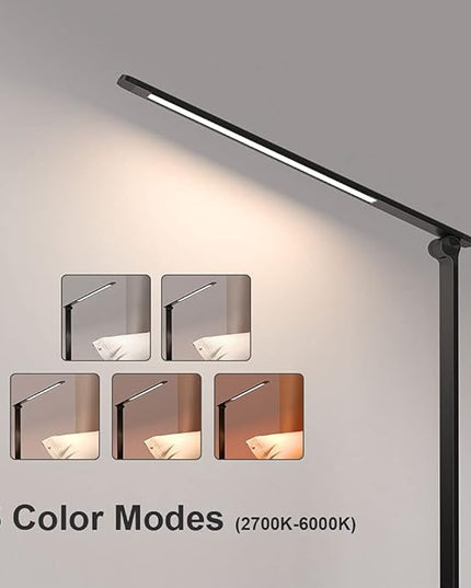 LED Desk Lamp with USB Charging Port, Touch Control Dimmable Office Lamp, 5 Color Modes 6 Brightness Levels Eye-Caring Table Lamp for Home Office Bedroom Reading Study, Black - LeafyLoom