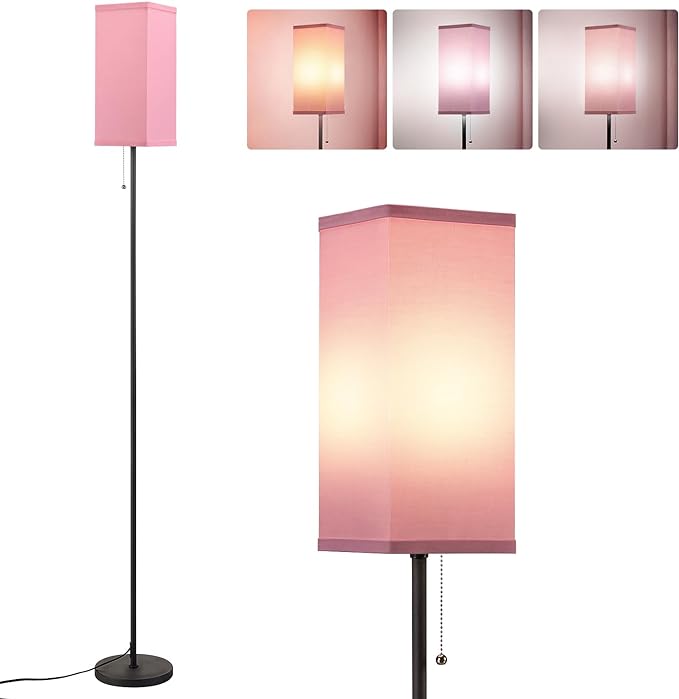 Pink Floor Lamps for Bedroom Modern- 3 Color Temperature Standing Lamps with Pull Chain Switch, Tall Lamp for Office Home Nursery and Hotel, Pole Lamp for Kids Room Reading Girls - LeafyLoom