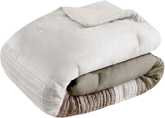 Madison Park Amherst Faux Silk Comforter Set-Casual Contemporary Design All Season Down Alternative Bedding, Matching Shams, Bedskirt, Decorative Pillows, Cal King(104"x92"), Natural, 7 Piece - LeafyLoom