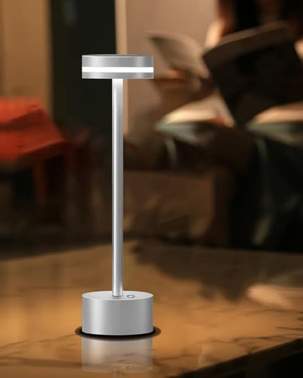 Cordless Metal Desk Lamp,Portable LED Table Lamp with Touch Sensor,3 Color Rechargeable Lamp,3-Levels Brightness Lamp,Night Light for Kids Nursery,Bedside Lamp,Dining Room Lamp (Silver) - LeafyLoom