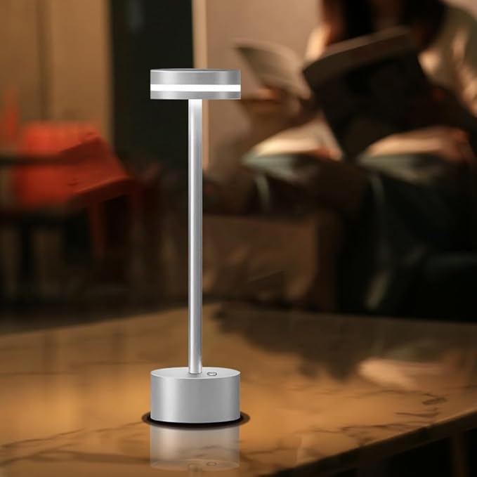 Cordless Metal Desk Lamp,Portable LED Table Lamp with Touch Sensor,3 Color Rechargeable Lamp,3-Levels Brightness Lamp,Night Light for Kids Nursery,Bedside Lamp,Dining Room Lamp (Silver) - LeafyLoom