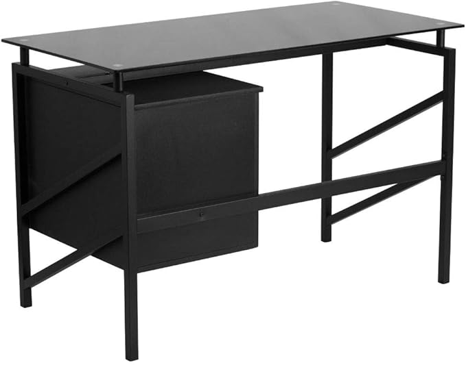Flash Furniture Singleton Glass Desk with Two Drawer Pedestal,Black - LeafyLoom
