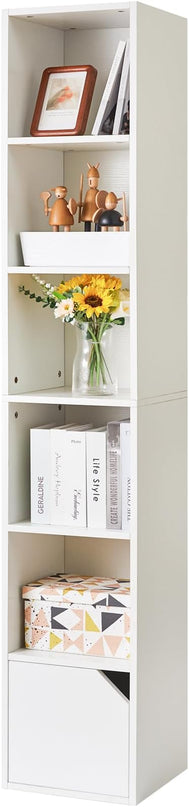 IBUYKE 6 Tier Tall Narrow Bookcase, Modern White Corner Bookcase with Doors Storage,Cube Media Tower Rack,Cabinet,Floor Standing Display Storage Shelves for Small Spaces,for Home Office White UWBC001W - LeafyLoom