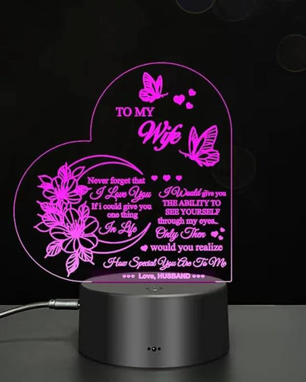 Dear Wife I Love You 3D Light, 7-Color USB Charging Bedside Lamp Decoration, I Love You My Wife 3D Light Gift from Husband, New Love Heart Wife's Birthday Gifts, Home Decoration for My Wife - LeafyLoom