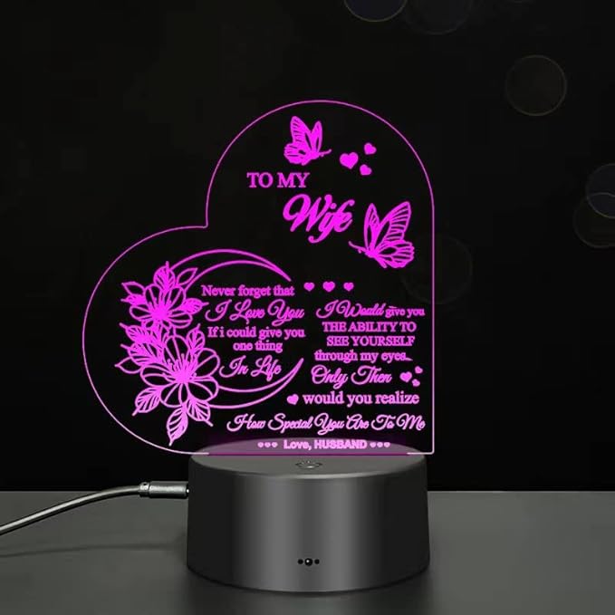 Dear Wife I Love You 3D Light, 7-Color USB Charging Bedside Lamp Decoration, I Love You My Wife 3D Light Gift from Husband, New Love Heart Wife's Birthday Gifts, Home Decoration for My Wife - LeafyLoom