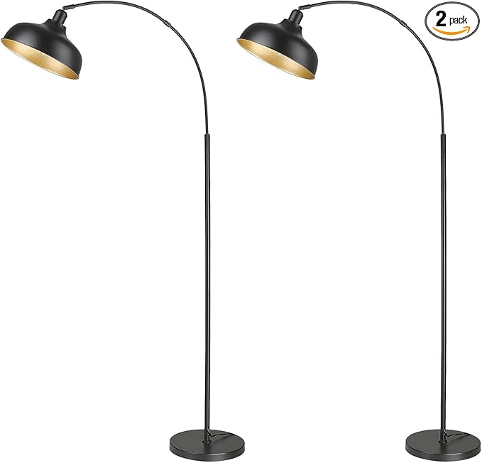 Arc Floor Lamps for Living Room, Modern Farmhouse Tall Standing Lamp, Floor Lamp with 360° Adjustable Hanging Dome Shade, Dimmable Tall Lamp with 9W LED Bulb (Black, 2 PACK) - LeafyLoom