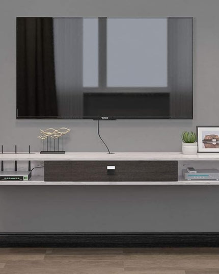 Pmnianhua Floating TV Console,55'' Wall-Mounted Media Console,Floating TV Cabinet,Modern Floating TV Stand,Under TV Entertainment Shelf with Door and Storage for Bedroom Living Room (Grey-White) - LeafyLoom