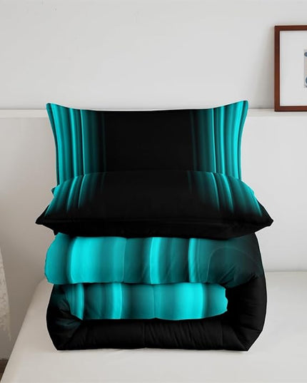 Geometric Abstract Ombre Comforter Set Kids Teens Teal and Black Striped Bedding Bed Set Decor Modern Fashion Comforter Inner Fill Bedroom Collection 3Pcs Queen Size - LeafyLoom