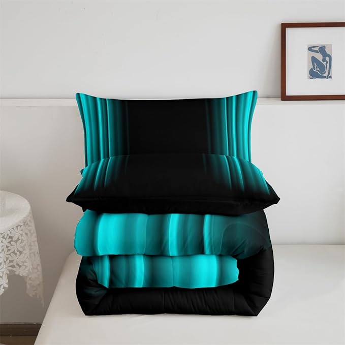 Geometric Abstract Ombre Comforter Set Kids Teens Teal and Black Striped Bedding Bed Set Decor Modern Fashion Comforter Inner Fill Bedroom Collection 3Pcs Queen Size - LeafyLoom