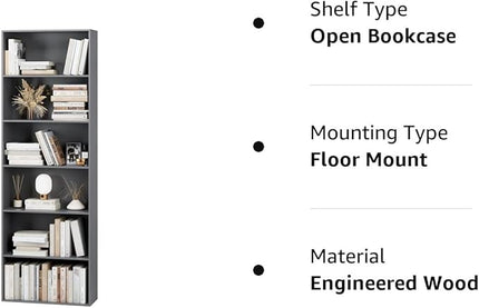 FOTOSOK 6-Tier Open Bookcase and Bookshelf, Freestanding Display Storage Shelves Tall Bookcase for Bedroom, Living Room and Office, Dark Gray - LeafyLoom