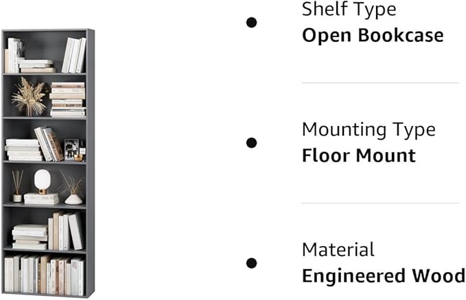 FOTOSOK 6-Tier Open Bookcase and Bookshelf, Freestanding Display Storage Shelves Tall Bookcase for Bedroom, Living Room and Office, Dark Gray - LeafyLoom