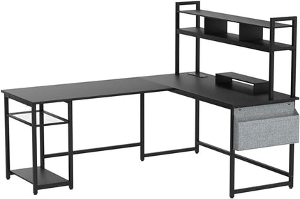 Aheaplus L Shaped Desk with Power Outlet & LED Strip, Reversible L-Shaped Corner Computer Desks Gaming Desk with Storage Shelf & Monitor Stand, Modern 2 Person Home Office Desk, Writing Desk, Black - LeafyLoom