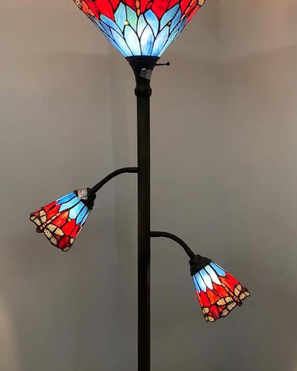 Bieye L10837 Dragonfly Tiffany Style Stained Glass Torchiere Floor Lamp with Sidelights for Reading, 70-inches Tall (Dragonfly, Red Blue) - LeafyLoom