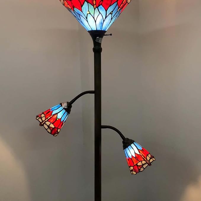 Bieye L10837 Dragonfly Tiffany Style Stained Glass Torchiere Floor Lamp with Sidelights for Reading, 70-inches Tall (Dragonfly, Red Blue) - LeafyLoom
