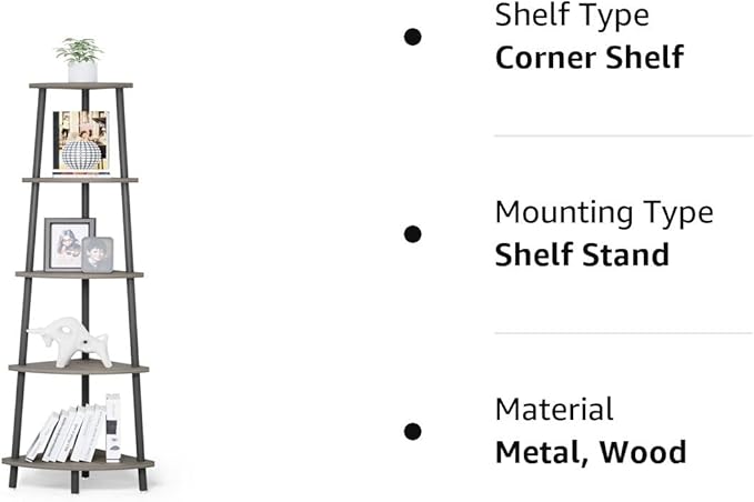 5-Tier Industrial Corner Shelf, Open Ladder Vintage Corner Bookshelf Stand, Wood and Metal Corner Bookcase, Leaning Modern Book Case for Office Home Living Room Bedroom Bathroom - Oak Gray - LeafyLoom