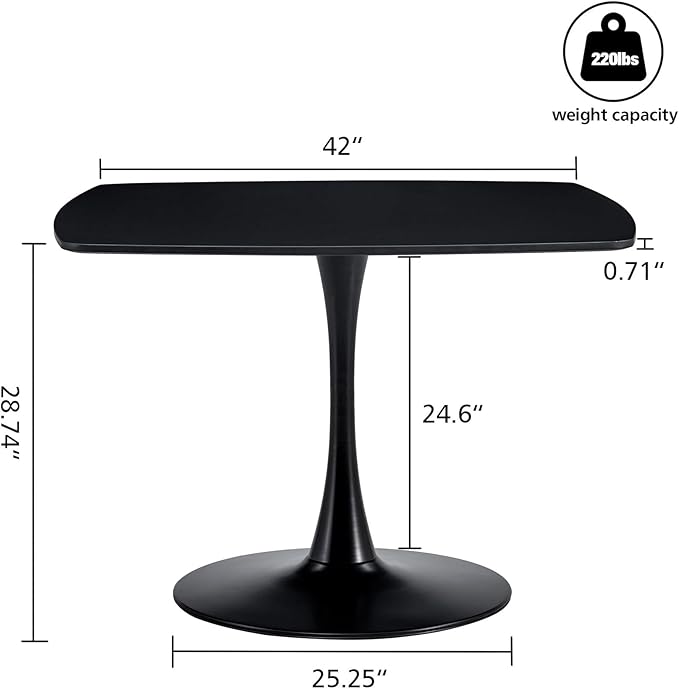 42 inch Black Square Pedestal Table for 4-6 Person, Mid Century Modern Table for Kitchen Dining Room - LeafyLoom