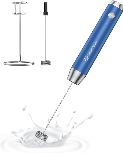 Maestri House Rechargeable Milk Frother with Stand, Handheld Electric Foam Maker Waterproof Detachable Stainless Steel Whisk Drink Mixer Foamer for Lattes, Cappuccino - LeafyLoom