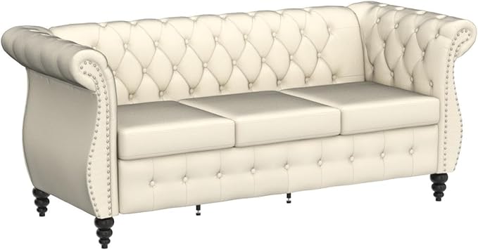 Tbfit Chesterfield Sofa with Rolled Arms, Classic Button Tufted 3 Seater Couch with Nailhead Trim, Upholstered Chesterfield Couches with Gourd Wooden Legs, Linen Sofas for Living Room, Bedroom, Beige - LeafyLoom