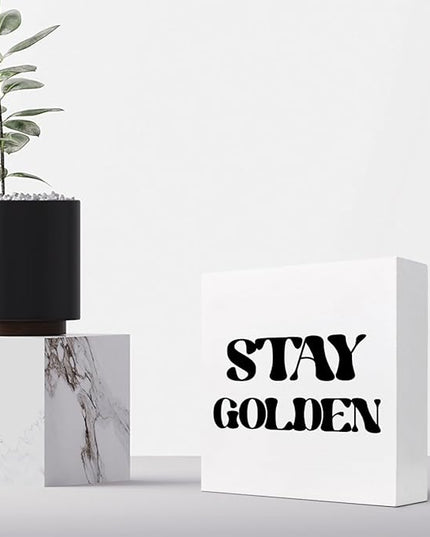 Stay Golden Wood Block Sign Desk Decor,Rustic Positive Wooden Box Plaque Sign Desk Decor for Home Girls Room Office Shelf Table Decor Decorations - LeafyLoom