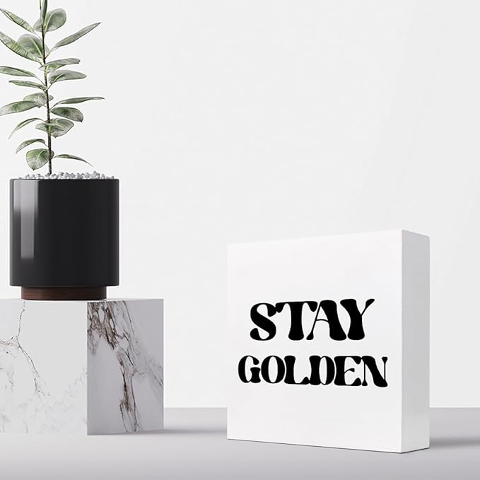 Stay Golden Wood Block Sign Desk Decor,Rustic Positive Wooden Box Plaque Sign Desk Decor for Home Girls Room Office Shelf Table Decor Decorations - LeafyLoom