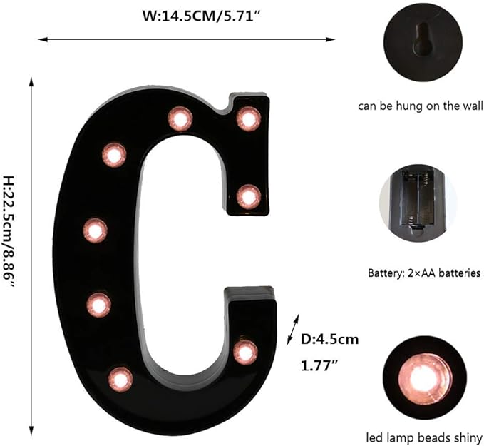 Light Up Black Alphabet Marquee Letters Sign LED Marquee Number Lights Sign for Night Light Home Bar Christmas Lamp Birthday Wedding Party Decoration C - LeafyLoom