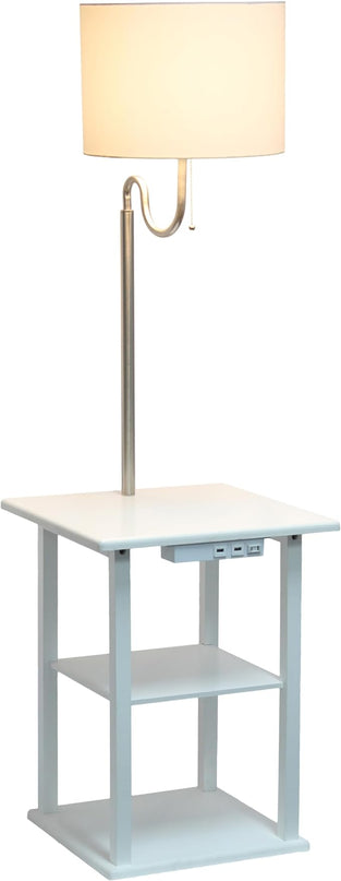Simple Designs LF2016-WHT 57" Modern 2 Tier End Table Floor Lamp Combination with 2 x USB Charging Ports & Power Outlet with White Drum Fabric Shade for Bedroom, Living Room, Office, White - LeafyLoom