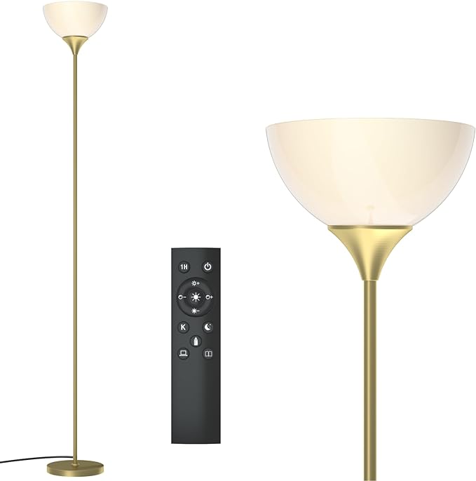 PESRAE Floor Lamp, Remote Control with Stpeless Color Temperatures and Brightness, Torchiere lamp for Bedroom, Living Room, Bulb Included - LeafyLoom
