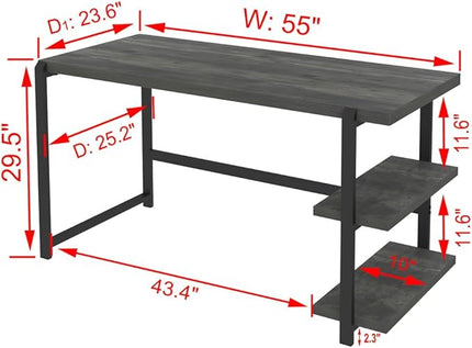 Industrial Computer Desk with Shelves, 55 inch Rustic Wood and Metal Work Study Writing Table for Home Office, Grey - LeafyLoom