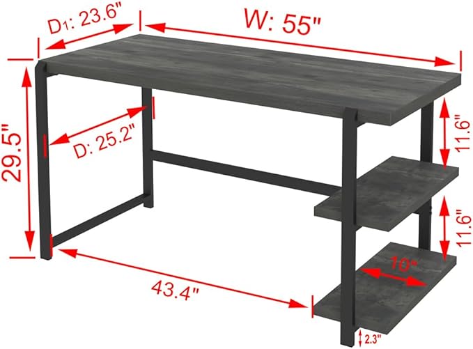 Industrial Computer Desk with Shelves, 55 inch Rustic Wood and Metal Work Study Writing Table for Home Office, Grey - LeafyLoom