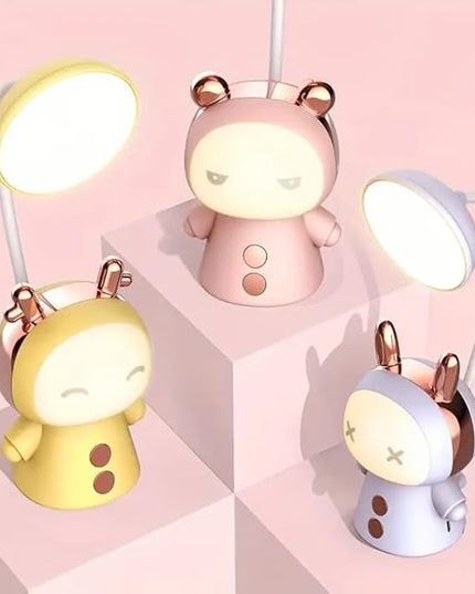 Cute Cartoon Kids Desk Lamp with Night Light - 360° Goose Neck LED Flexible Reading Light for Bedroom - Children Bedside Study Table Lamp (Pink Bear) - LeafyLoom