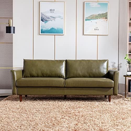 Dreamsir 80'' Faux Leather Sofa Couch, Mid-Century Modern Sofa with Solid Wooden Frame & Padded Cushions, 3-Seater Couch for Living Room, Apartment, Lounge Room (Green) - LeafyLoom