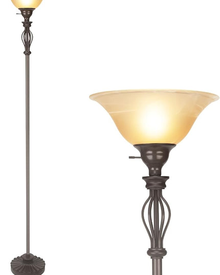 Torchiere Floor Lamps for Living Room & Bedroom – Stand Up Lamp with Corner Floor Lamp Design – Traditional Iron Scroll 70" Tall Alabaster Glass Bowl Shade (Brown) - LeafyLoom