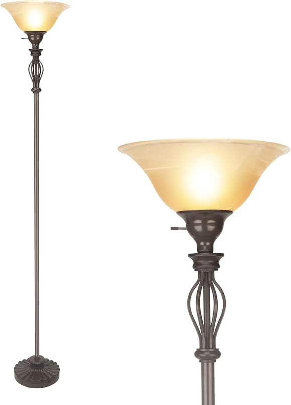 Torchiere Floor Lamps for Living Room & Bedroom – Stand Up Lamp with Corner Floor Lamp Design – Traditional Iron Scroll 70" Tall Alabaster Glass Bowl Shade (Brown) - LeafyLoom