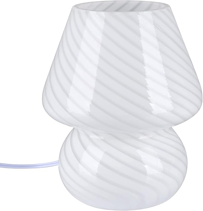 BSOD Mushroom Lamp,Glass Table Bedside Lamps Translucent Murano Vintage Style Striped Small Night Mushroom Decor Light Swirl for Ambient,Kids,Bedroom,Living,Girl Gift (Stripe White) - LeafyLoom