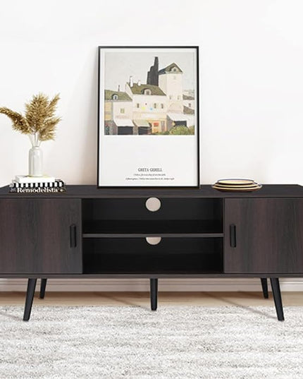 Iwell TV Stand for 55 inch TV, Mid Century Modern TV Stand with Storage, Entertainment Center with 2 Cabinet & 2 Shelves, Retro TV Console Table for Living Room, Bedroom, Black Oak - LeafyLoom