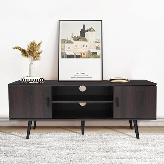 Iwell TV Stand for 55 inch TV, Mid Century Modern TV Stand with Storage, Entertainment Center with 2 Cabinet & 2 Shelves, Retro TV Console Table for Living Room, Bedroom, Black Oak - LeafyLoom
