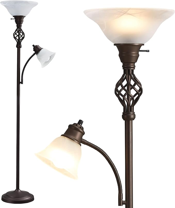 Torchiere Floor Lamp for Living Room, LED Standing Reading Light for Bedroom with Glass Shade for Living Room Corner Bedroom Home Office,Bulbs Included - LeafyLoom