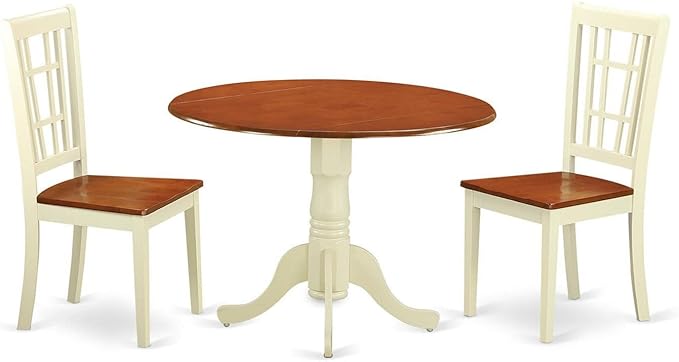 East West Furniture DLNI3-BMK-W 3 Piece Room Furniture Set Contains a Round Kitchen Table with Dropleaf and 2 Dining Chairs, 42x42 Inch - LeafyLoom