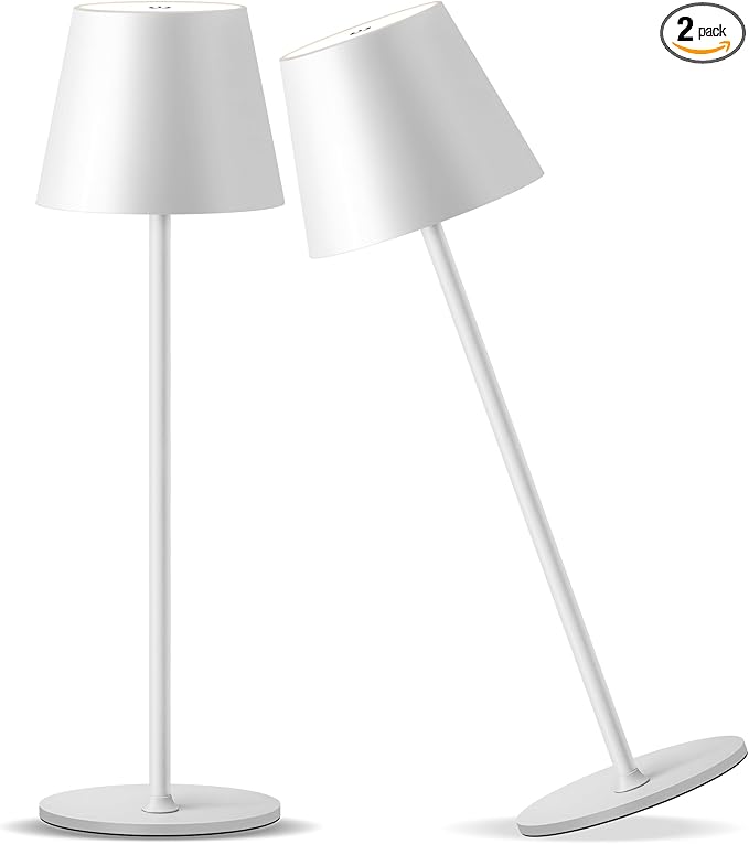 Cordless Rechargeable Table Lamp Set of 2, 5000mAh Battery Powered LED Desk Lamp, 3 Color Stepless Dimming Up, Portable Table Light Lamp for Bedroom Restaurant Outdoor (White) - LeafyLoom