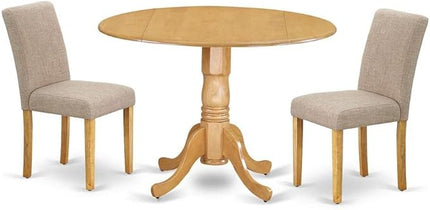 East West Furniture DLAB3-OAK-04 3 Piece Dining Room Furniture Set Contains a Round Dining Table with Dropleaf and 2 Light Tan Linen Fabric Parsons Chairs, 42x42 Inch, Oak - LeafyLoom