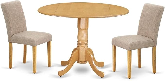 East West Furniture DLAB3-OAK-04 3 Piece Dining Room Furniture Set Contains a Round Dining Table with Dropleaf and 2 Light Tan Linen Fabric Parsons Chairs, 42x42 Inch, Oak - LeafyLoom