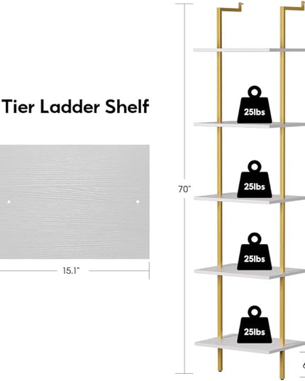 Nidouillet 5 Tier Ladder Shelf, 70-Inch Wall Mounted Bookshelf Metal Frame Storage Rack and Industrial Display Shelves for Living Room Bedroom Home Office - White - LeafyLoom