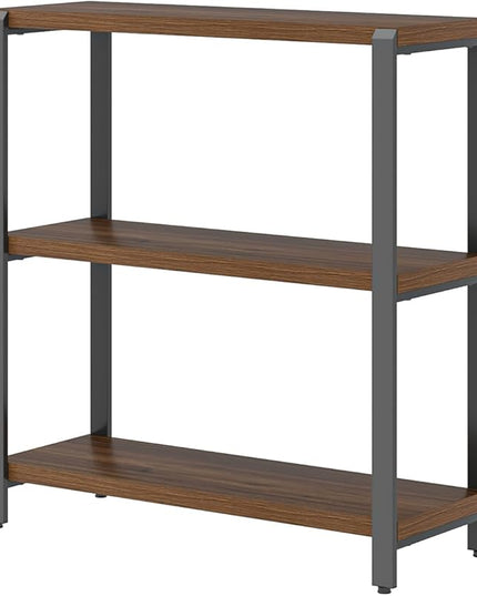 FOLUBAN Small Bookshelf and Bookcase, 3 Tier Low Short Book Shelf, Industrial Metal and Wood Book Case for Living Room Bedroom, Rustic Walnut - LeafyLoom