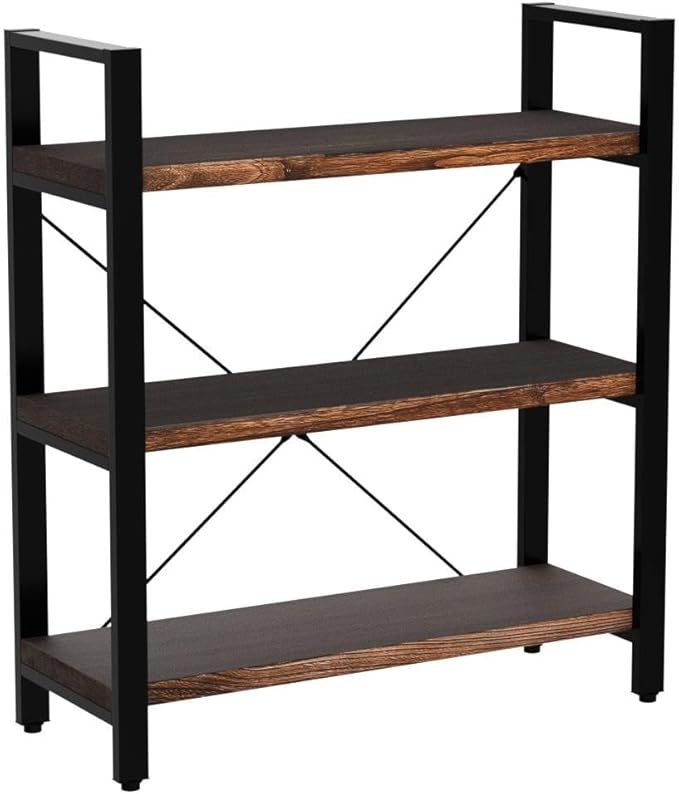 3 Tier Bookcase, Solid Wood Bookshelf Rustic Vintage Industrial Etagere Bookcase, Metal and Wood Free Vintage Bookshelf, Retro Brown (Real Wood) (3-Tier) - LeafyLoom