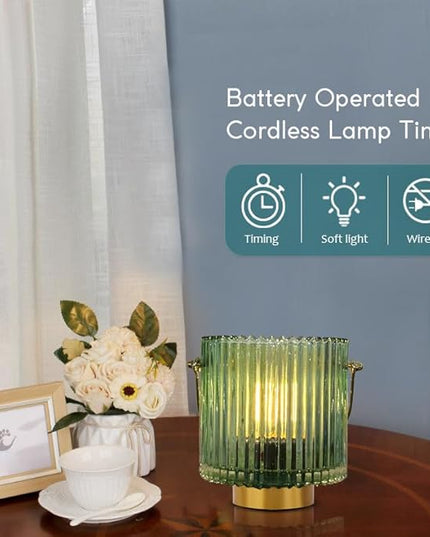 Battery Operated Cordless Lamp Timer,Decorative Table Lamp Battery Powered Lamp with LED Bulb,Decorative Bedside Lamp for Living Room,Bedside Lamp,Night Light (Green-1) - LeafyLoom